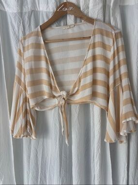 La Hearts Beige & White Striped Tie-Front Cropped Top
